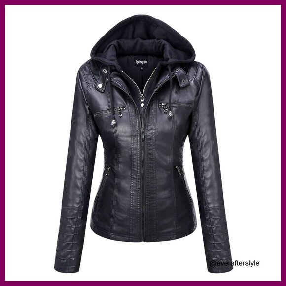 Faux Leather Moto Jacket with Detachable Hood Classic Chic Biker Style